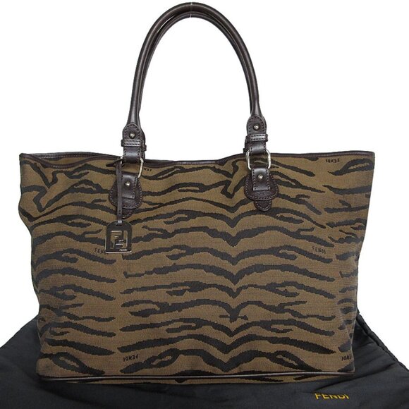 Auth FENDI Handbag Brown x black Nylon canvas/leather k0046g - Picture 1 of 12